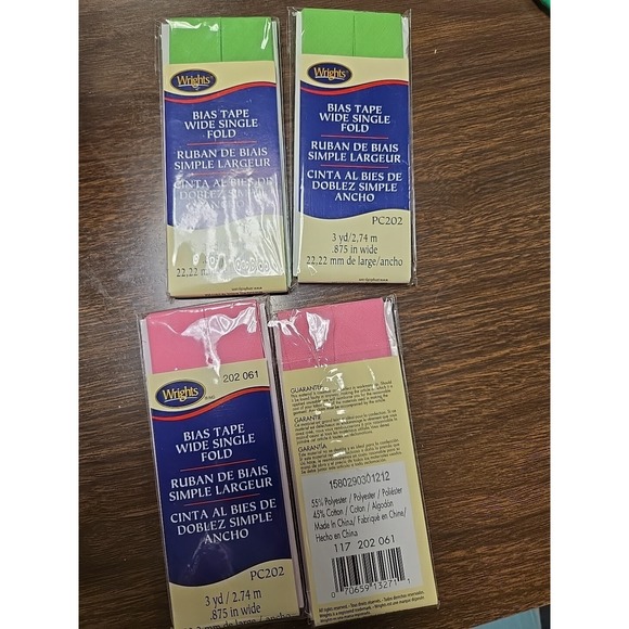 Wright's Accessories - Lot Of 4 Wrights Single Fold Bias Tape .875" Wide X 3 yds Pink Green